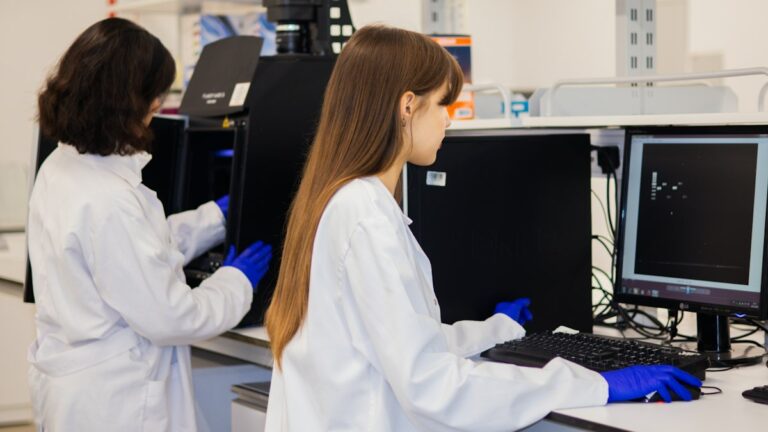 Imagen ilustrativa de validar una plantilla de cálculo: dos científicas trabajando en computadores en un laboratorio